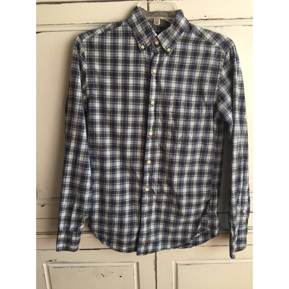 J Crew Mens Extra Small Tartan Plaid Shirt Baltic Blue Long Sleeve Oxford Button